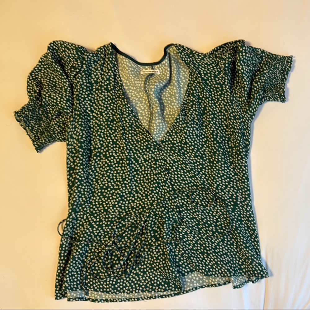 Reformation Green Printed Wrap-Style Blouse